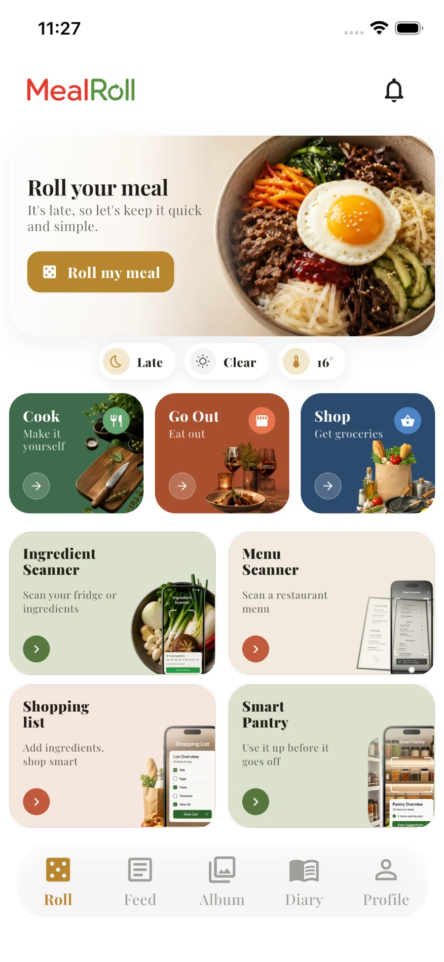 MealRoll home screen showing meal roll, cooking, restaurant and shopping options