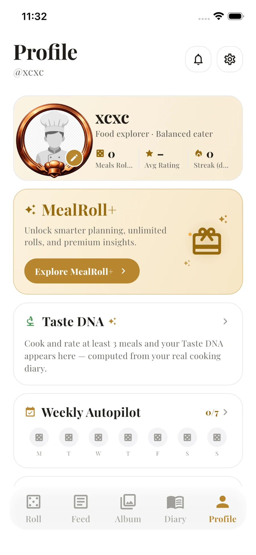 MealRoll profile screen