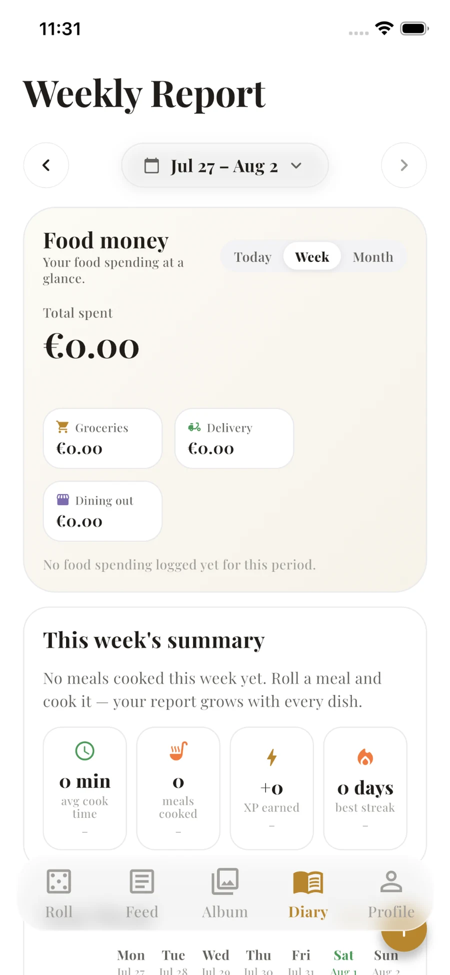 Weekly food report screen